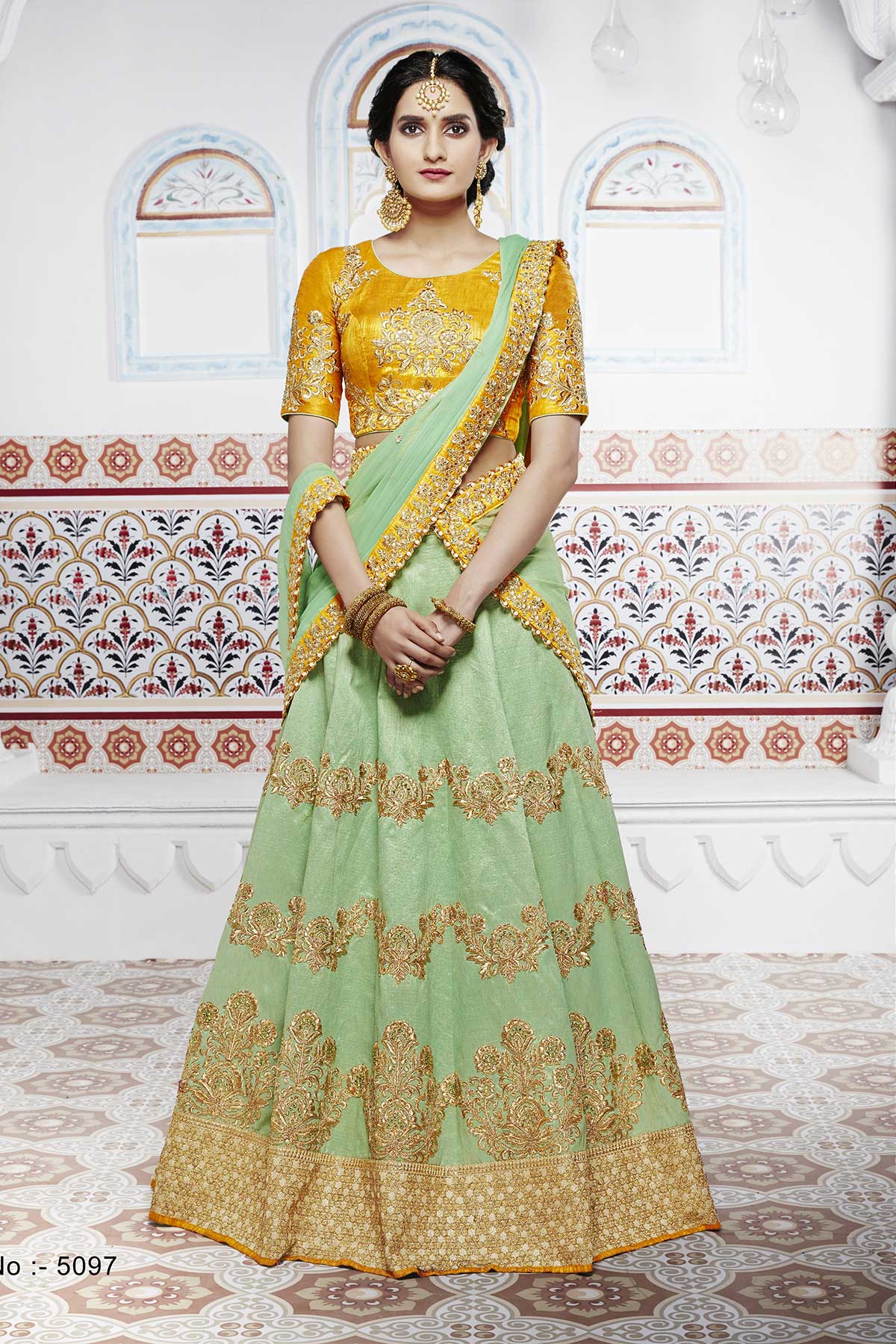 LATEST TRENDY TRADITIONAL WEDDING GREEN YELLOW LEHENGA BRIDESMAID CHOLI