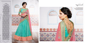 Embroidered NAK5099 Bridal Peach Rama Green Net Silk Lehenga Choli - Fashion Nation