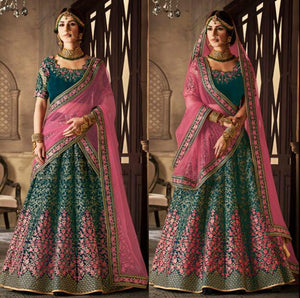 Awesome NAK5113 Bridal Dark Rama Green Pink Net Velvet Lehenga Choli - Fashion Nation