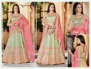 Delicate Nakkashi NAK5123 Bridal Pista Green Satin Silk Pink Net Lehenga Choli - Fashion Nation