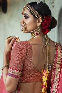 Dreamy Nakkashi NAK5139 Bridal Yellow Maroon Pink Handloom Silk Net Lehenga Choli - Fashion Nation
