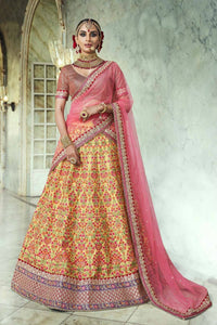 Dreamy Nakkashi NAK5139 Bridal Yellow Maroon Pink Handloom Silk Net Lehenga Choli - Fashion Nation