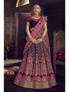 Original Nakkashi NAK5151 Bridal Burgundy Velvet Pink Net Lehenga Choli - Fashion Nation