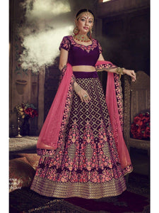 Original Nakkashi NAK5151 Bridal Burgundy Velvet Pink Net Lehenga Choli - Fashion Nation