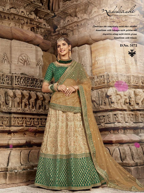 Embroidered Nakkashi NAK5172 Bridal Beige Handloom Silk Lehenga Choli - Fashion Nation