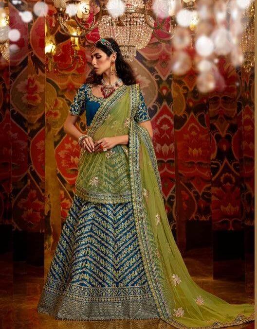 All Occasion Nakkashi Peacock Blue Raw Silk Lehenga Choli - Fashion Nation
