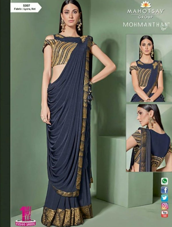 Fashionable MOH5307 Cocktail Wear Blue Beige Lycra Net Silk Indo Western Saree - Fashion Nation