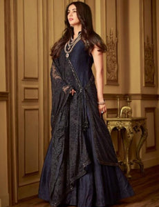 Indo Western MAI6403 Partywear Black Net Silk Floor Length Gown with String Along Dupatta - Fashion Nation