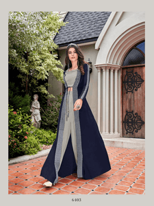Indo Western Grey Crepe Fusion Wear Top with Pant & Jacket by Fashion Nation