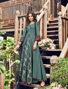 Pretty PRP6629 Trendy Teal Blue Jacquard Readymade Long Dress/Kurti - Fashion Nation