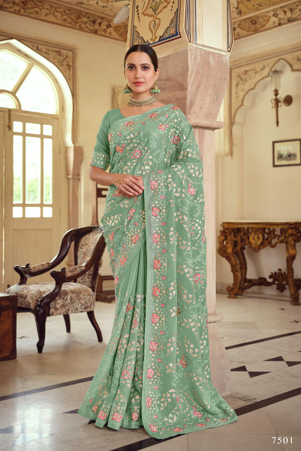 Mehendi Party Wear Designer Saree - Fashion Nation