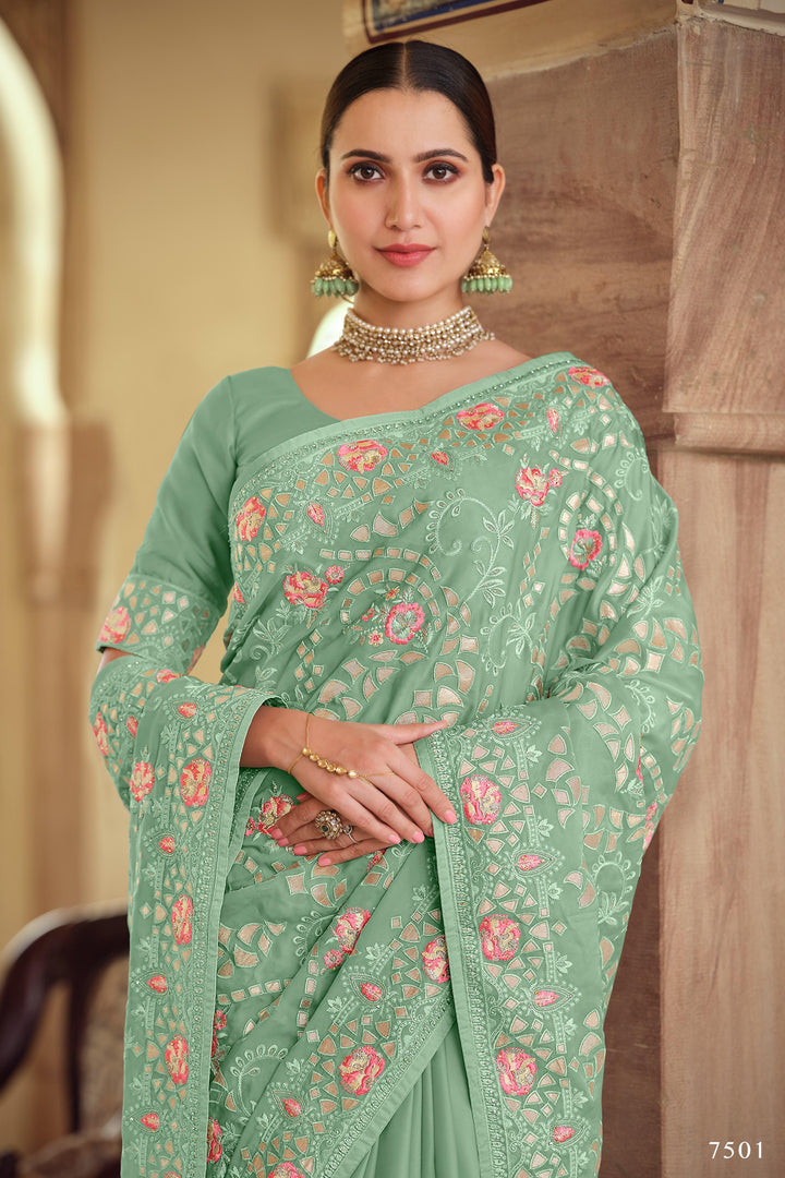 Mehendi Party Wear Designer Saree - Fashion Nation