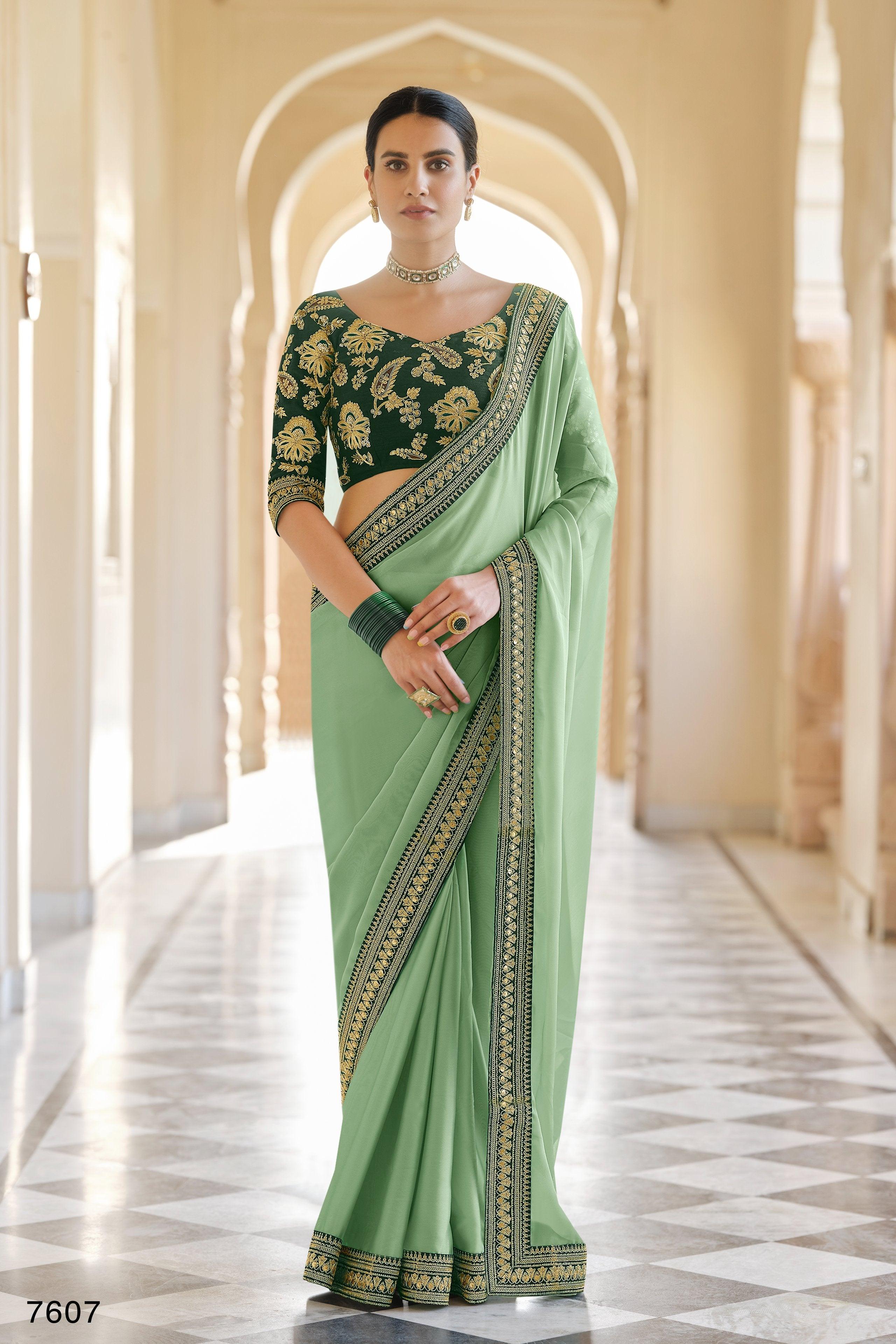 Light Sea Green Colour Organza Saree