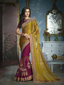 Designer ADA501 Partywear Olive Green Magenta Georgette Saree - Fashion Nation