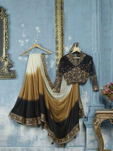 Fabulous ADA510 Designer Shaded Cream Beige Black Palermo Silk Saree - Fashion Nation
