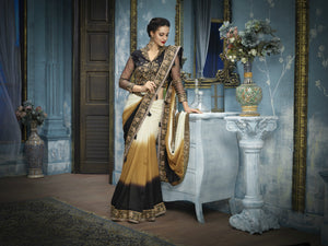 Fabulous ADA510 Designer Shaded Cream Beige Black Palermo Silk Saree - Fashion Nation