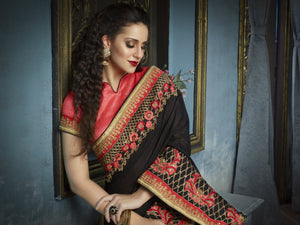 Special Partywear ADA519 Designer Black Peach Silk Saree - Fashion Nation