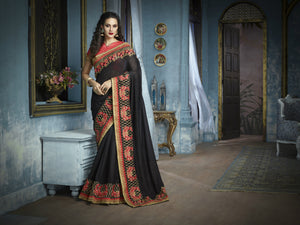 Special Partywear ADA519 Designer Black Peach Silk Saree - Fashion Nation