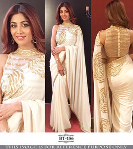 Shilpa Shetty BT156 Bollywood Inspired Georgette Beige Off-White Saree - Fashion Nation