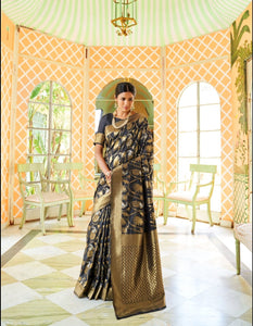 Evening Wear RK77907 Weaving Black Handloom Silk Jacquard Saree - Fashion Nation