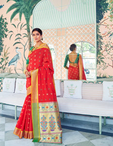 Festive RK78764 Weaving Green Red Paithani Silk Saree - Fashion Nation