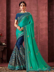 Shaadi Functions Wear Half Blue Half Aqua Silk Stylish Saree - Fashion Nation
