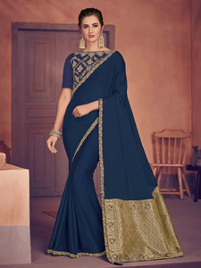 Party Wear Navy Blue Silk Jacquard Saree with Blouse by Fashion Nation