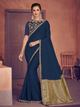 Party Wear Navy Blue Silk Jacquard Saree with Blouse by Fashion Nation