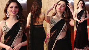 Tamannaah Bhatia KF3884 Bollywood Inspired Pastel Black Georgette Saree - Fashion Nation