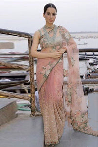 Kangana Ranaut KH18687 Bollywood Inspired Peach Cream Nylon Net Saree - Fashion Nation