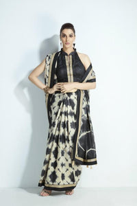 Artistic MIS03 Tie And Dye Patterned Black White Handloom Silk Saree - Fashion Nation