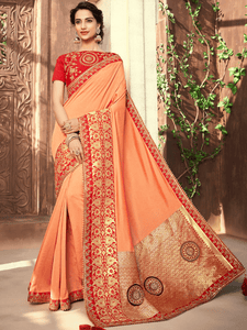 Festive Peach Silk Jacquard Latest Saree with Blouse by Fashion Nation