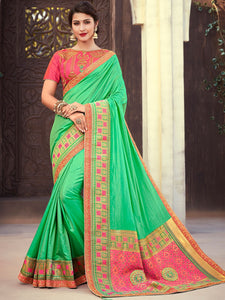 Attractive NJ10179 Designer Green Peach Silk Jacquard Saree - Fashion Nation