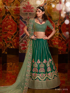 Nakkashi Reception Wear Green Raw Silk Designer Lehenga Choli by Fashion Nation