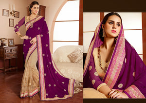 PRG6190 - Purple Cream Net Georgette Saree - Fashion Nation