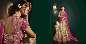 Bridal Rani Pink Beige Raw Silk Bhagalpuri Chiffon Lehenga Choli - Fashion Nation