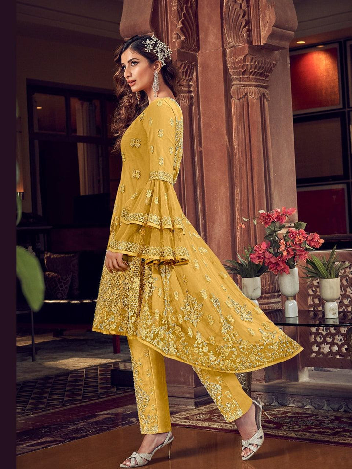 Haldi Yellow Ethnic Festive Wear Asymmetrical Sharara Suit - Fashion Nation