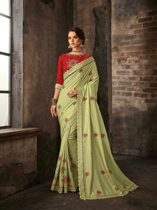 Beautiful RA21601 Designer Lime Green Red Silk Saree - Fashion Nation