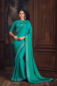 Afternoon Party Wear Turquoise Green Silk Saree by Fashion Nation