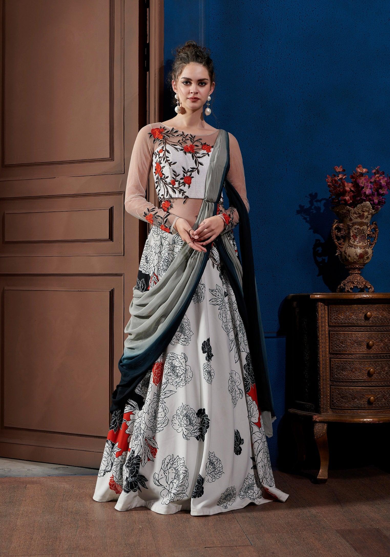 Peach Net Saree Style Indo Western Gown Designer Couture 169GW04