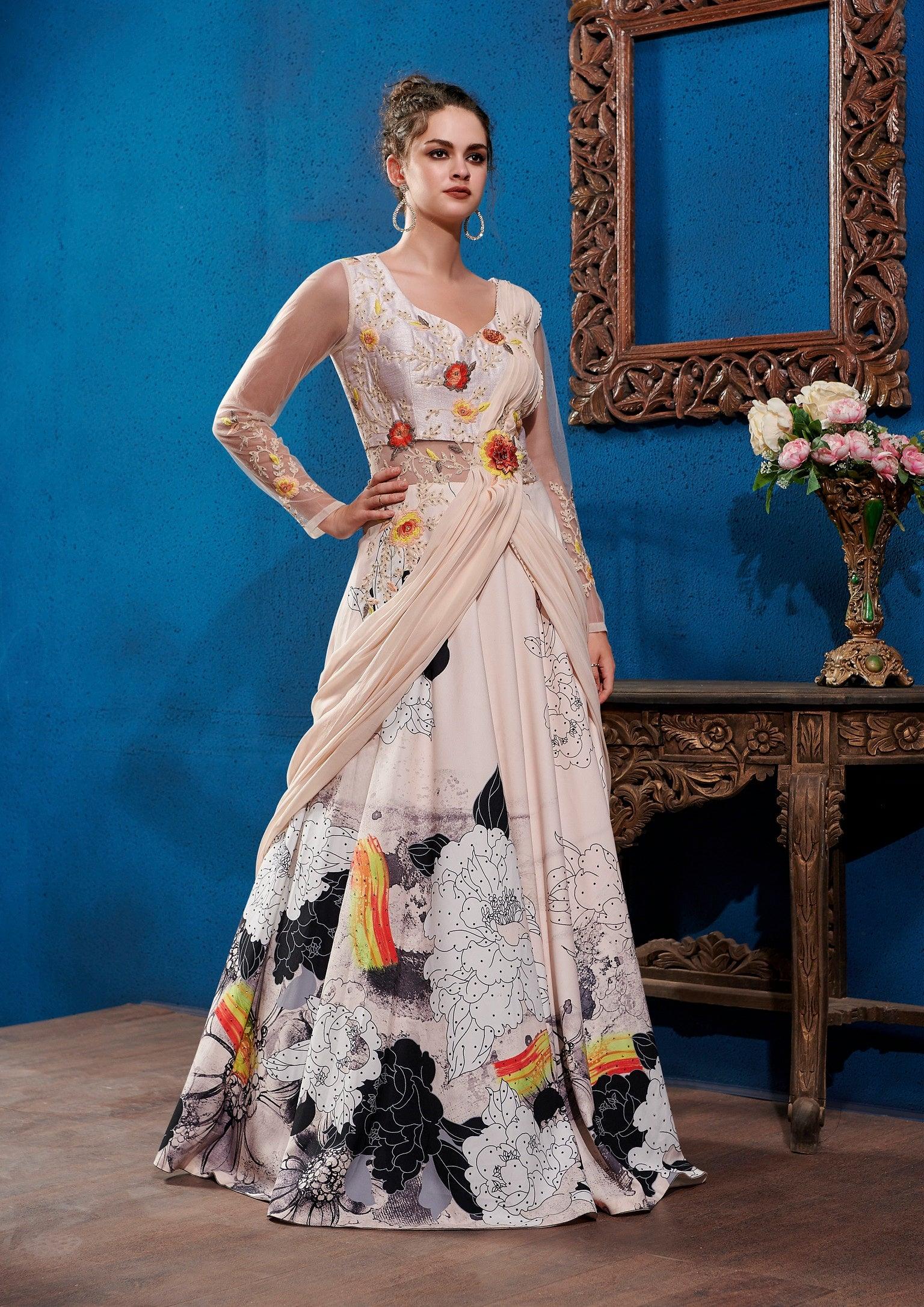 Designer Stitched Western Dress Grey and Blue Net Long Gown SC1042 –  Ethnic's By Anvi Creations