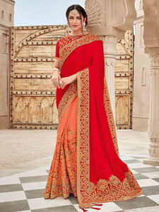 Vibrant TN11009 Bridal Red Orange Silk Satin Saree - Fashion Nation