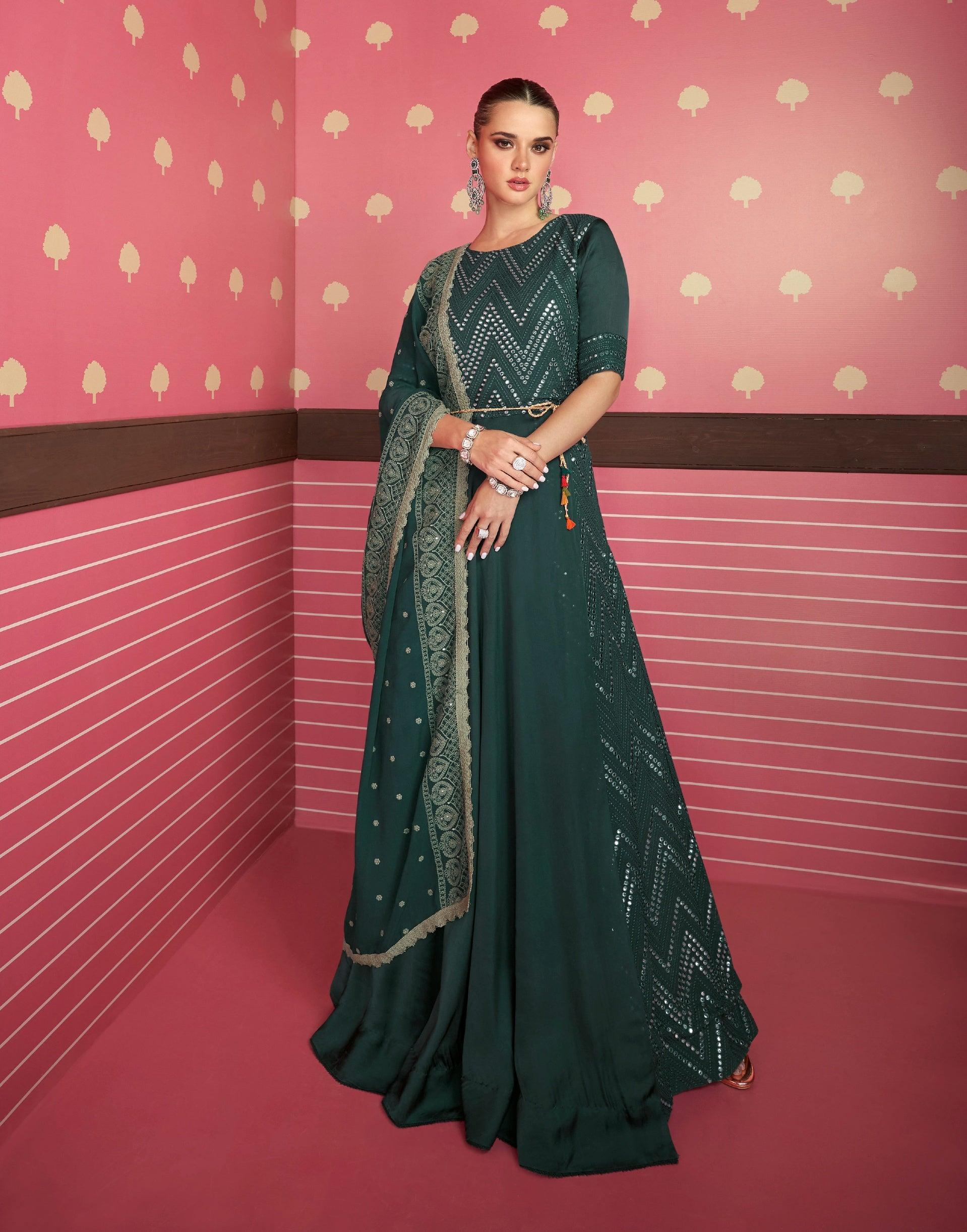 Shop Blue Jacquard Silk Indowestern Anarkali Gown for Engagement Party