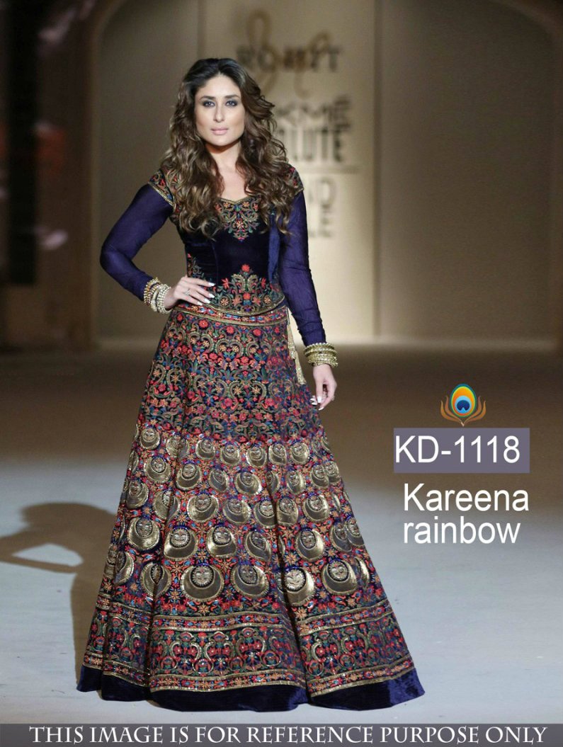 KD1118 Bollywood Kareena Kapoor Khan Blue Velvet Silk Anarkali Gown