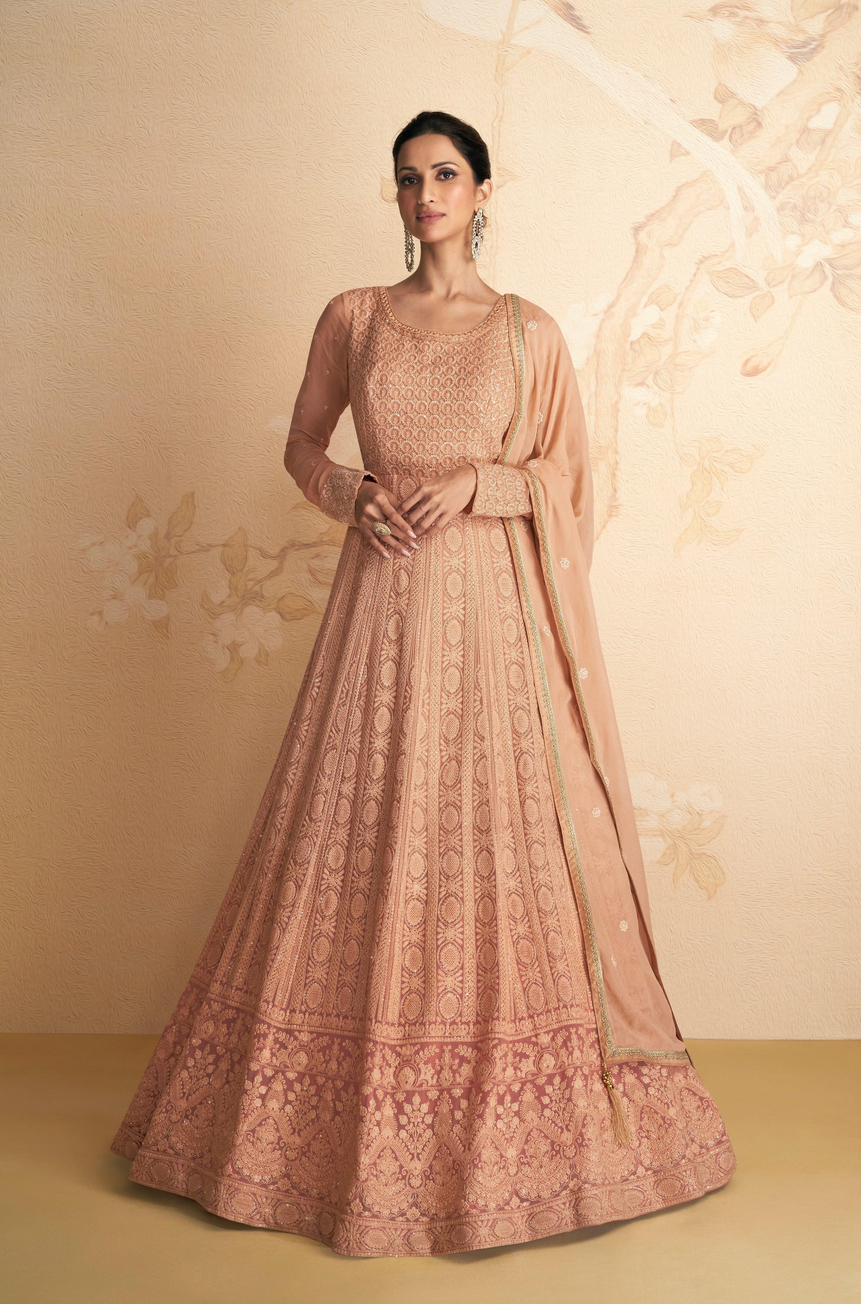 Buy Peach Organza Embroidered Layered Gown Party Wear Online at Best Price  | Cbazaar