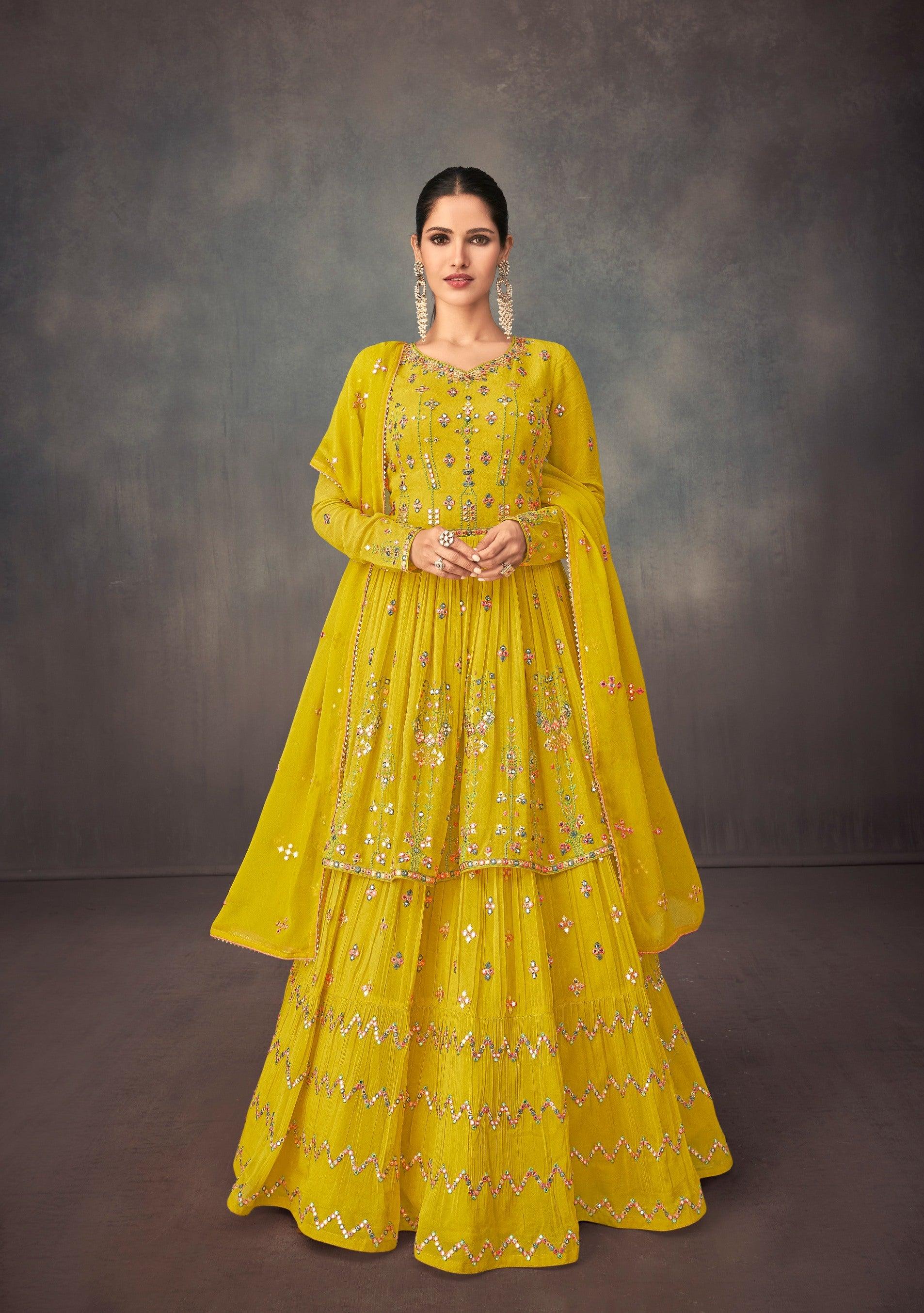 Chanderi Silk Short Kurti Skirt in Golden Yellow Color