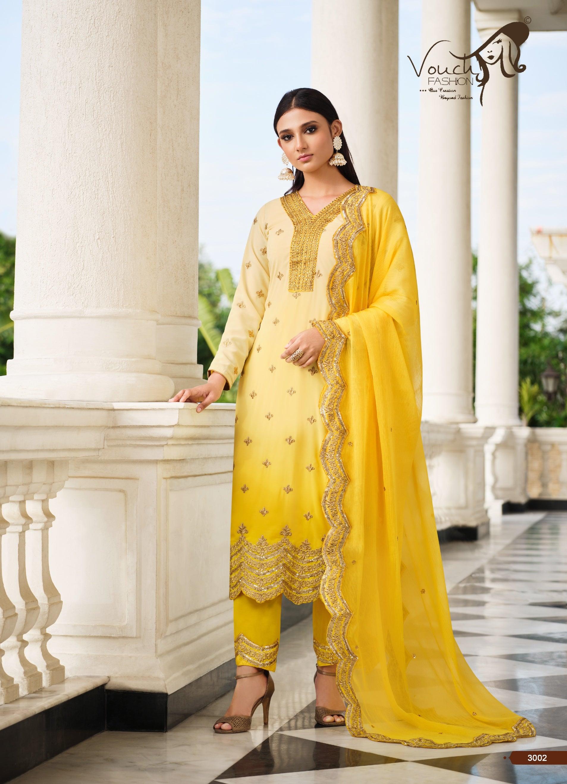 Buy Lemon Yellow Sequins Georgette Unstitched Salwar Suit - Koskii