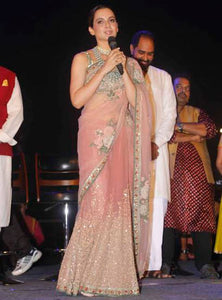 Kangana Ranaut KH18687 Bollywood Inspired Peach Cream Nylon Net Saree - Fashion Nation