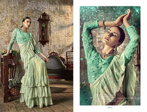 Cocktail Wear TV40501 Designer Aqua Green Silk Lycra Ruffles Saree - Fashion Nation