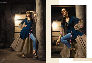 Indo Western MAI7901 Readymade Blue Beige Cotton Satin Front Slit Long Dress - Fashion Nation